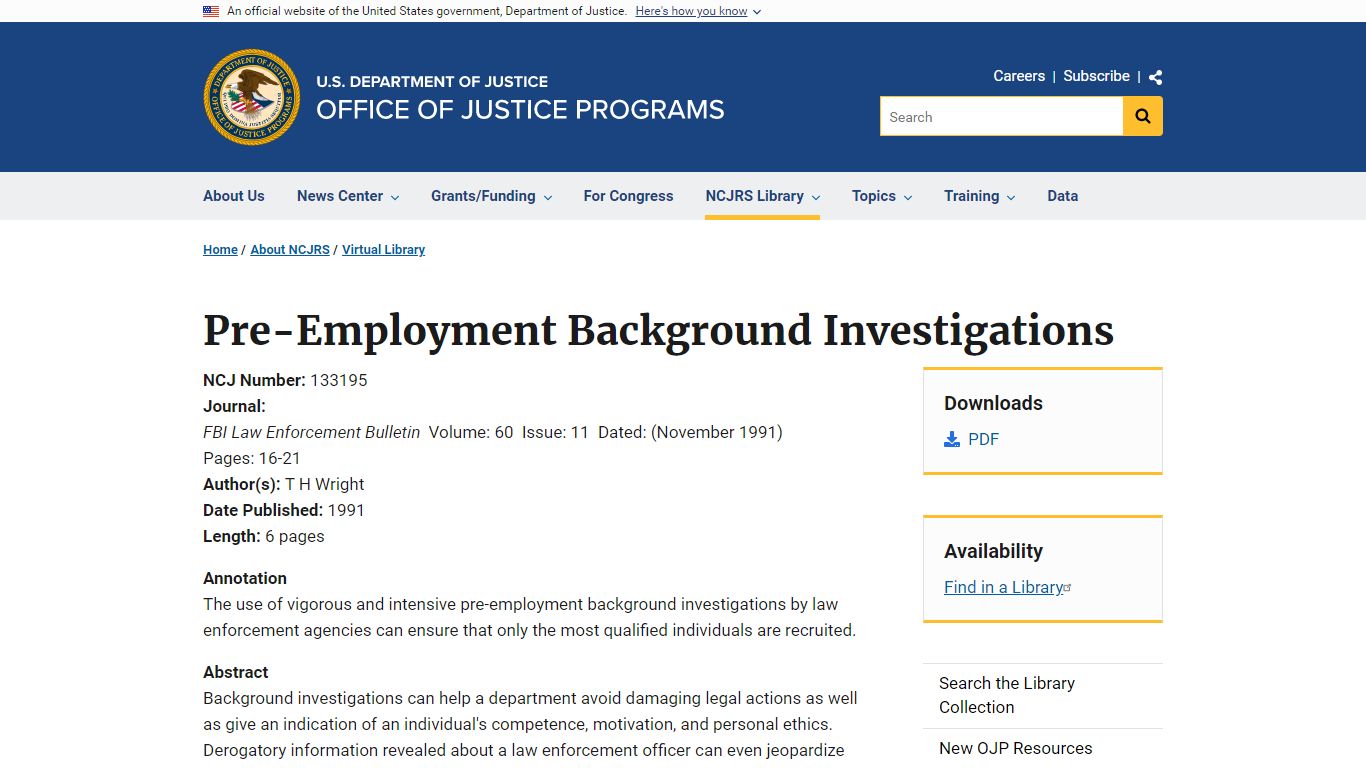 Pre-Employment Background Investigations - Office of Justice Programs