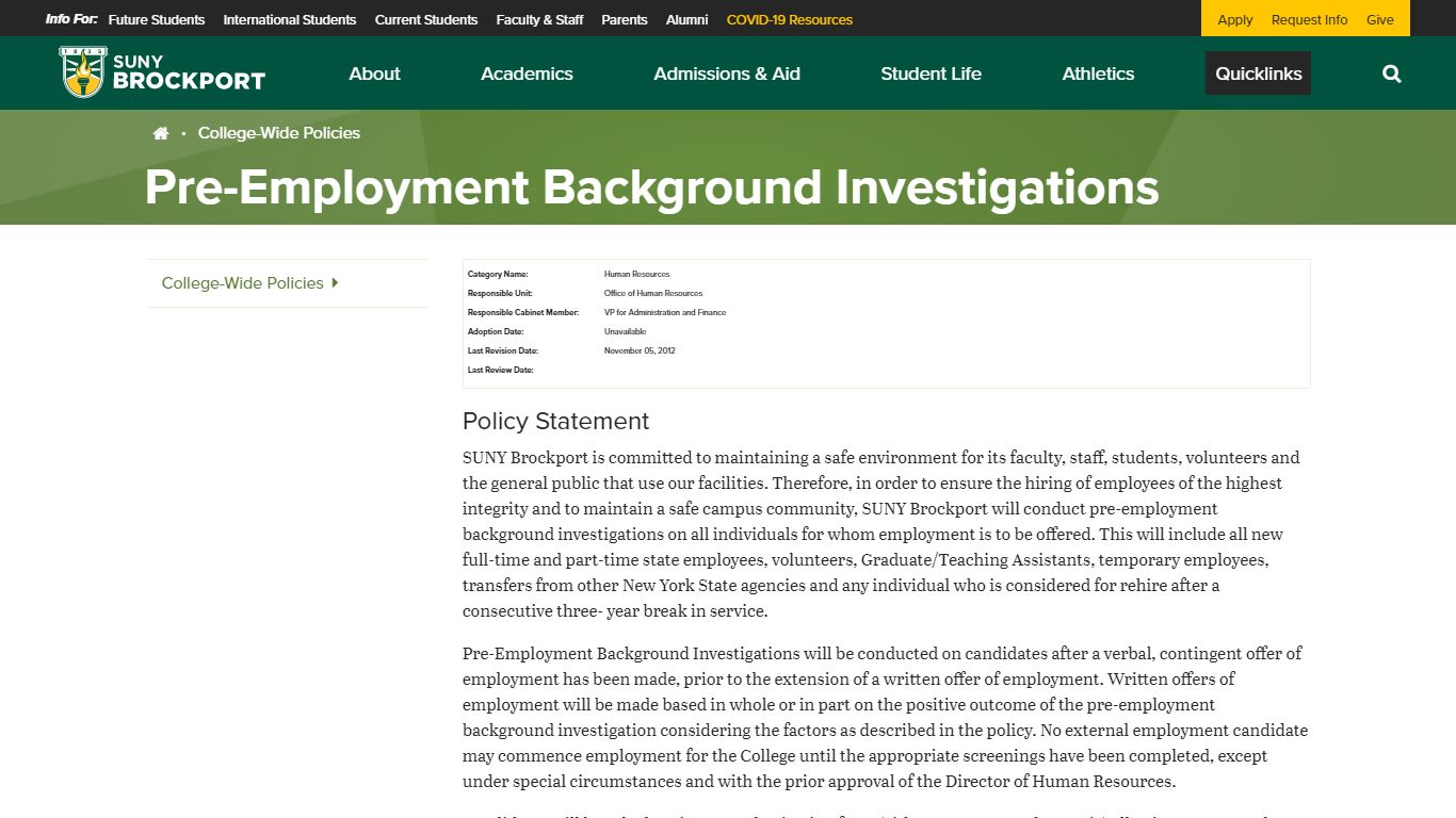 Pre-Employment Background Investigations: SUNY Brockport